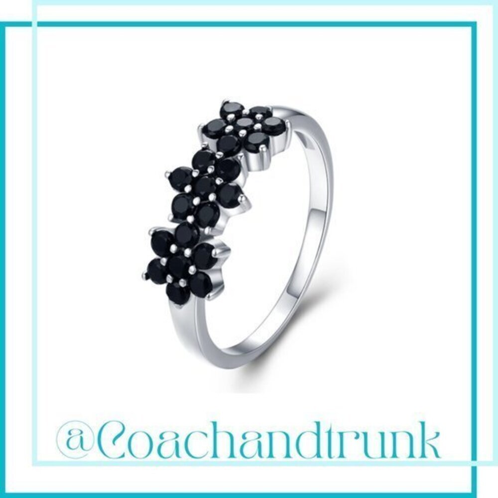 Black Spinel Prong Set 3 Flower Sterling Silver Band Ring Size 7